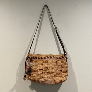 Brighton Tan and Brown Straw Crossbody with Black and White Interior